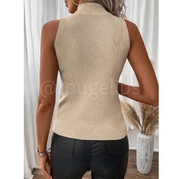 Tan Knit Sleeveless High Neck Top  Stretchy - Picture 4 of 8